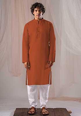 Orange Solid Linen Kurta Set For Men