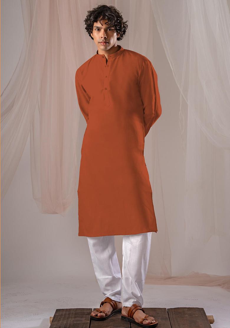 Orange Solid Linen Kurta Set For Men