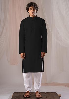 Black Solid Linen Kurta Set For Men