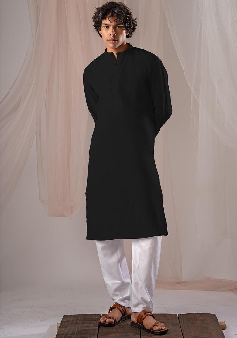 Black Solid Linen Kurta Set For Men