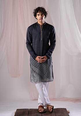 Black Printed Silk Kurta Set For Men