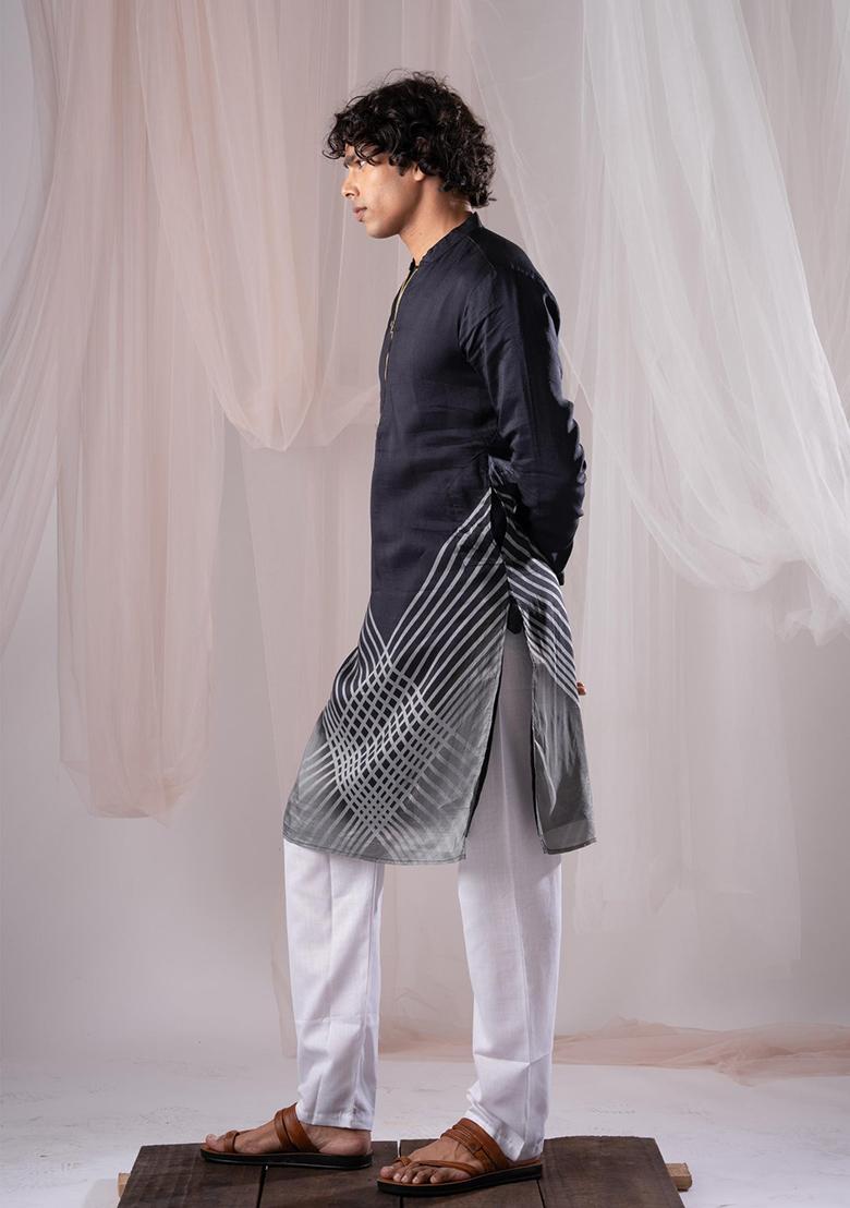 Black Printed Silk Kurta Set For Men