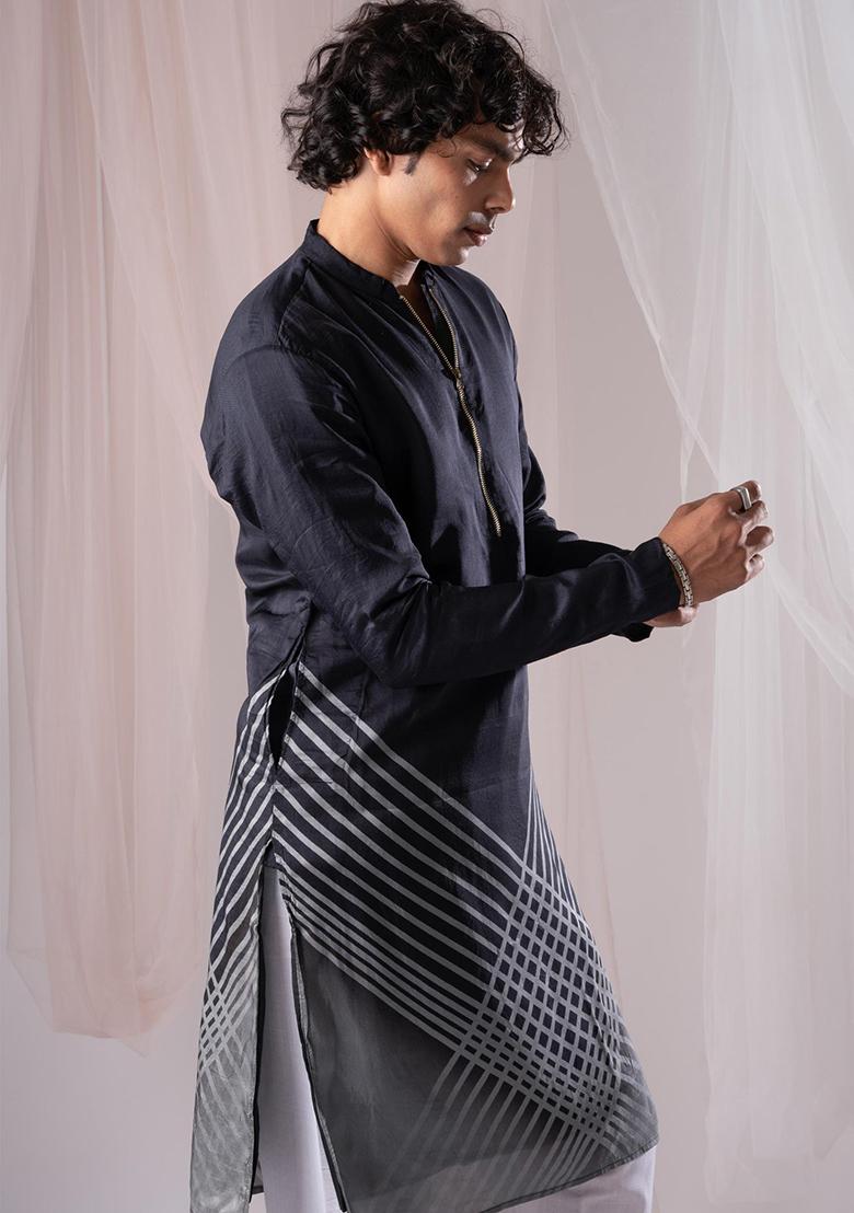 Black Printed Silk Kurta Set For Men