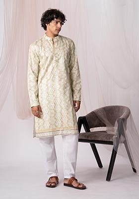 Light Green Printed Silk Kurta Set For Men