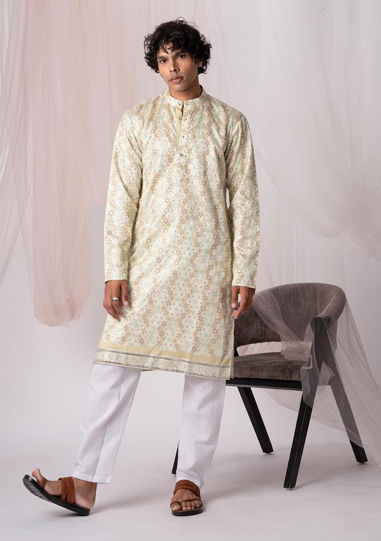 Light Green Printed Silk Kurta Set For Men