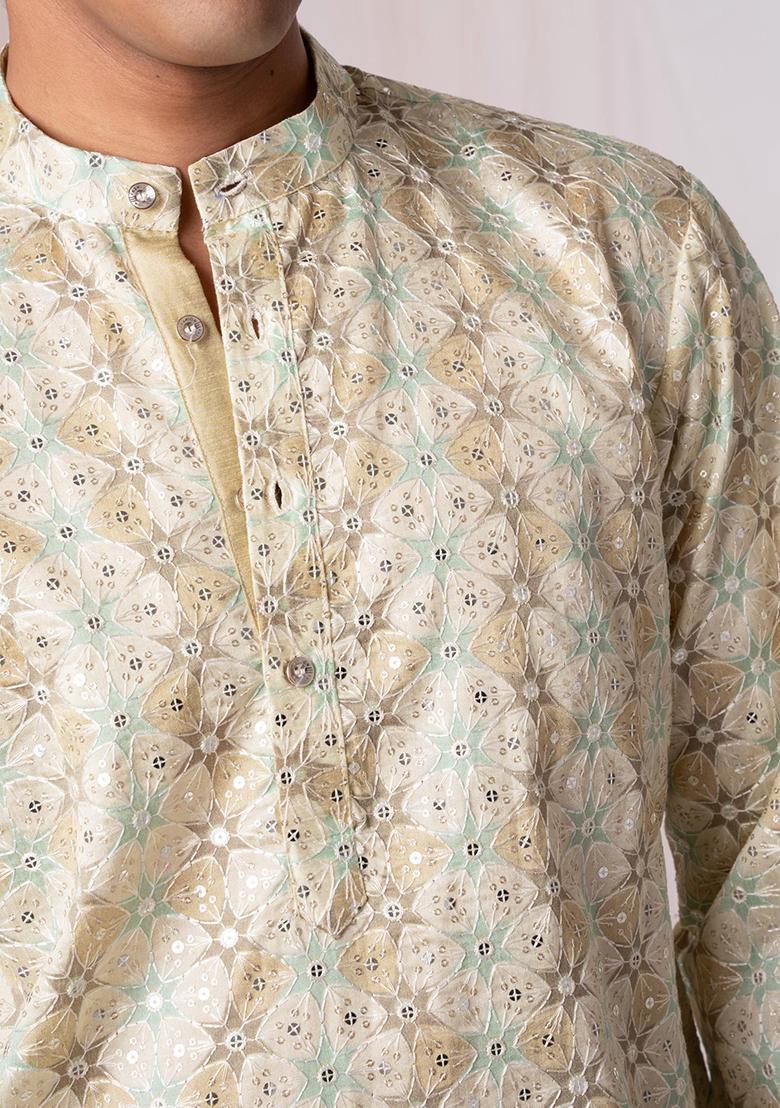 Light Green Printed Silk Kurta Set For Men