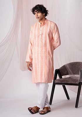 Peach Hand Embroidered Khadi Kurta Set For Men