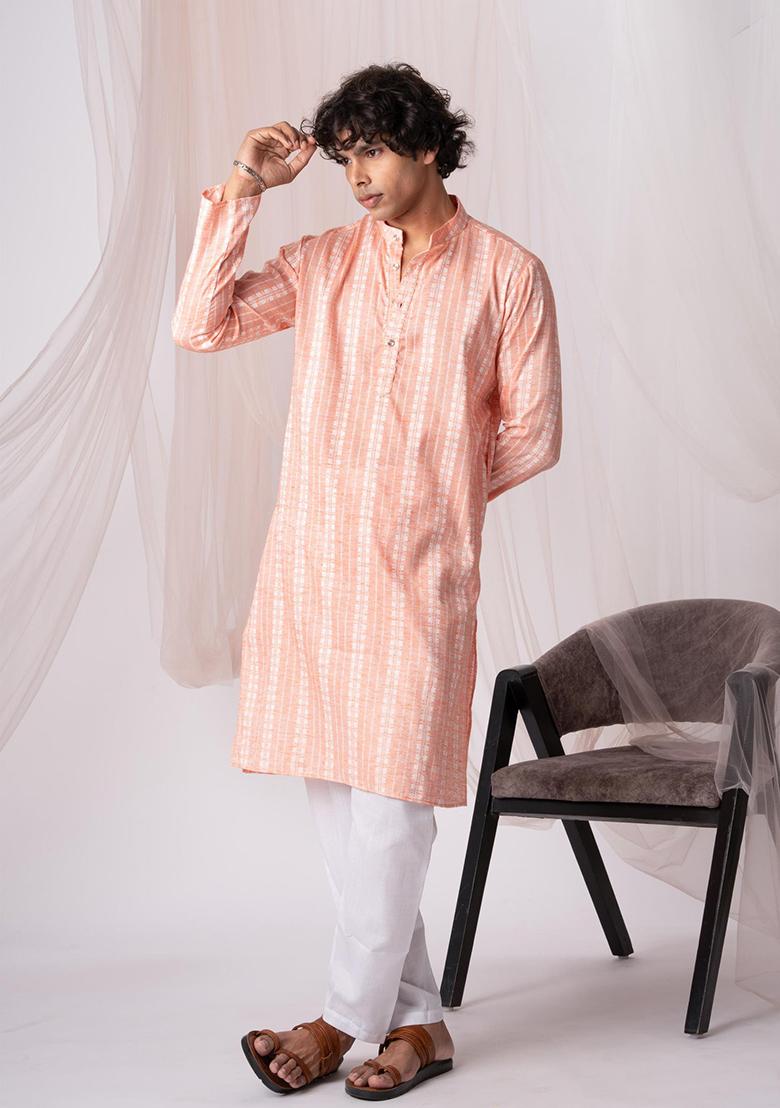 Peach Hand Embroidered Khadi Kurta Set For Men