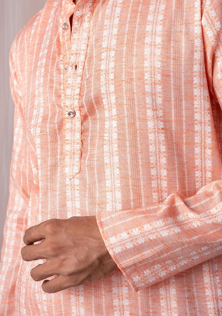 Peach Hand Embroidered Khadi Kurta Set For Men