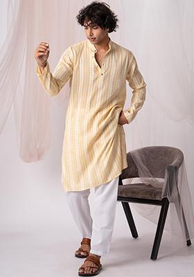 Yellow Hand Embroidered Khadi Kurta Set For Men