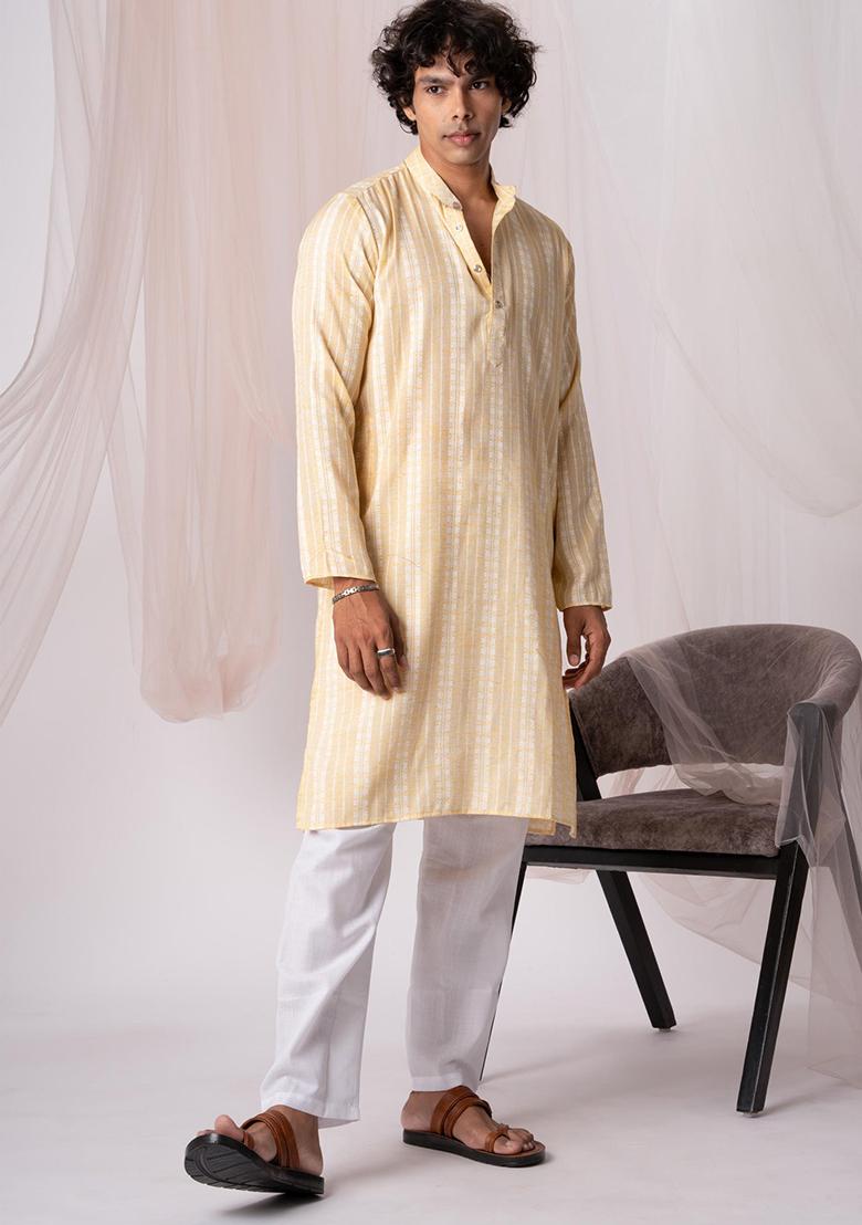 Yellow Hand Embroidered Khadi Kurta Set For Men