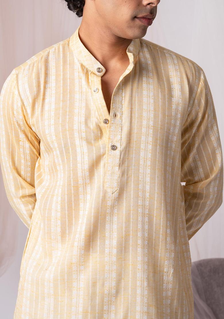 Yellow Hand Embroidered Khadi Kurta Set For Men