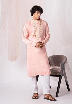 Peach Sequin Embroidered Silk Kurta Set For Men