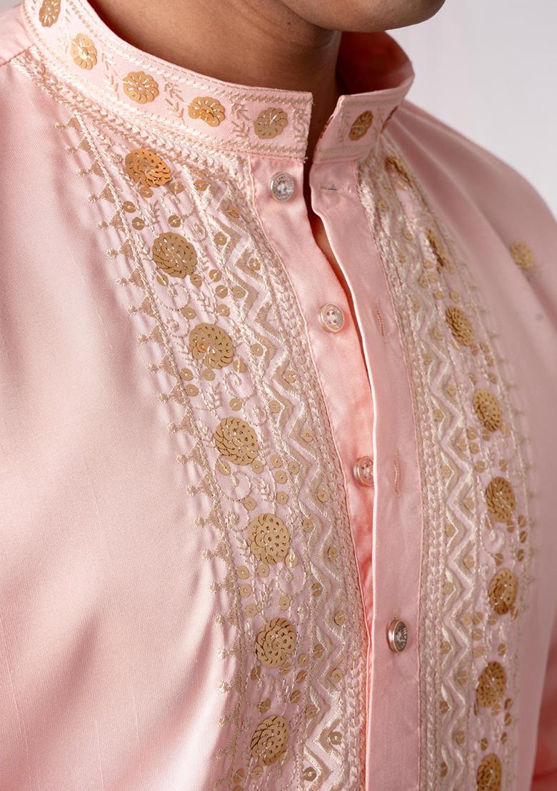Peach Sequin Embroidered Silk Kurta Set For Men