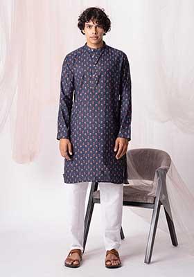 Navy Blue Printed Viscose Kurta Set For Men