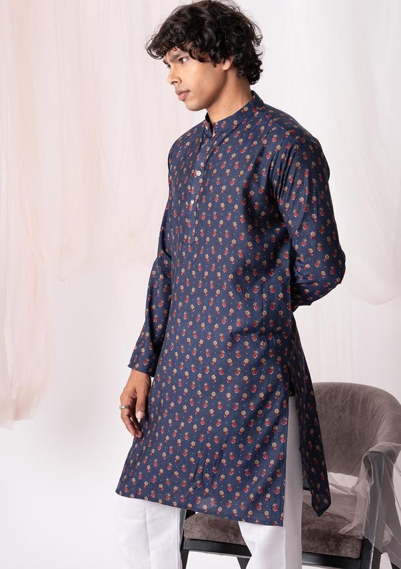 Navy Blue Printed Viscose Kurta Set For Men