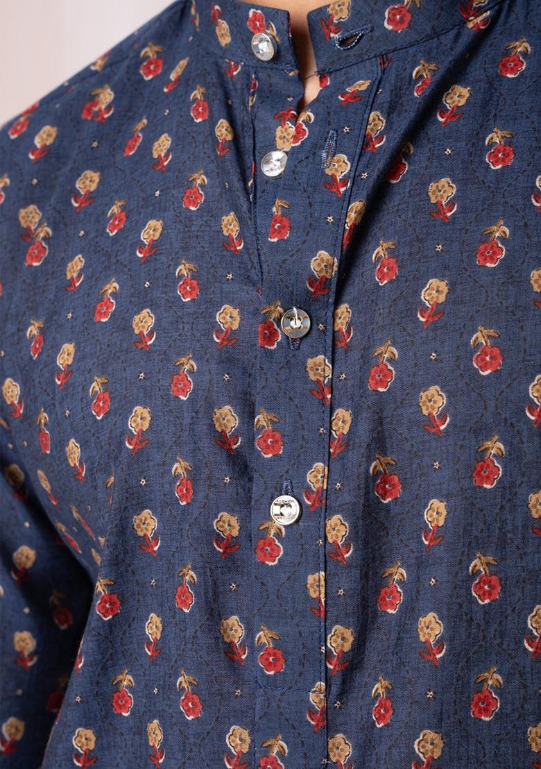 Navy Blue Printed Viscose Kurta Set For Men