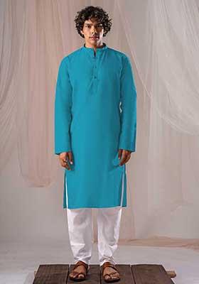 Blue Solid Linen Kurta Set For Men