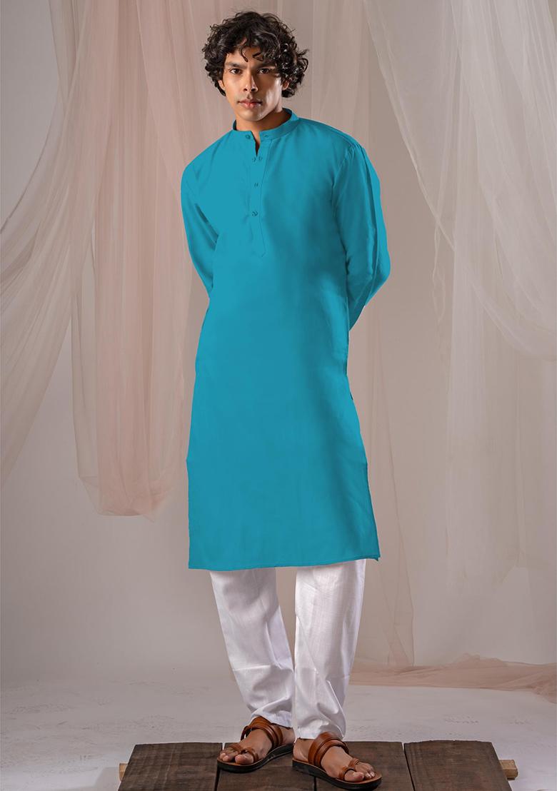 Blue Solid Linen Kurta Set For Men