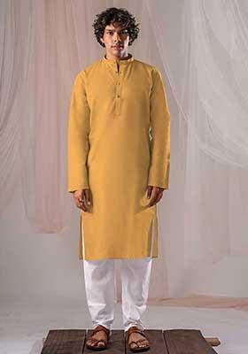 Yellow Solid Linen Kurta Set For Men