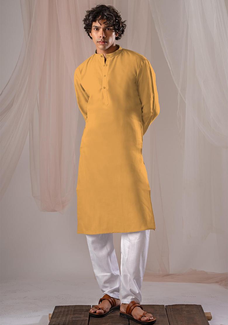Yellow Solid Linen Kurta Set For Men