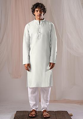 White Solid Linen Kurta Set For Men