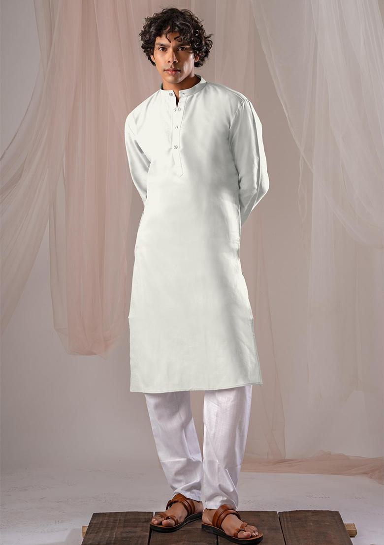 White Solid Linen Kurta Set For Men