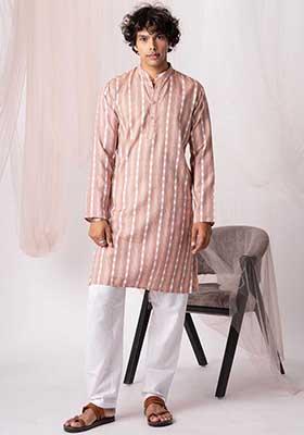 Pastel Pink Hand Embroidered Khadi Kurta Set For Men