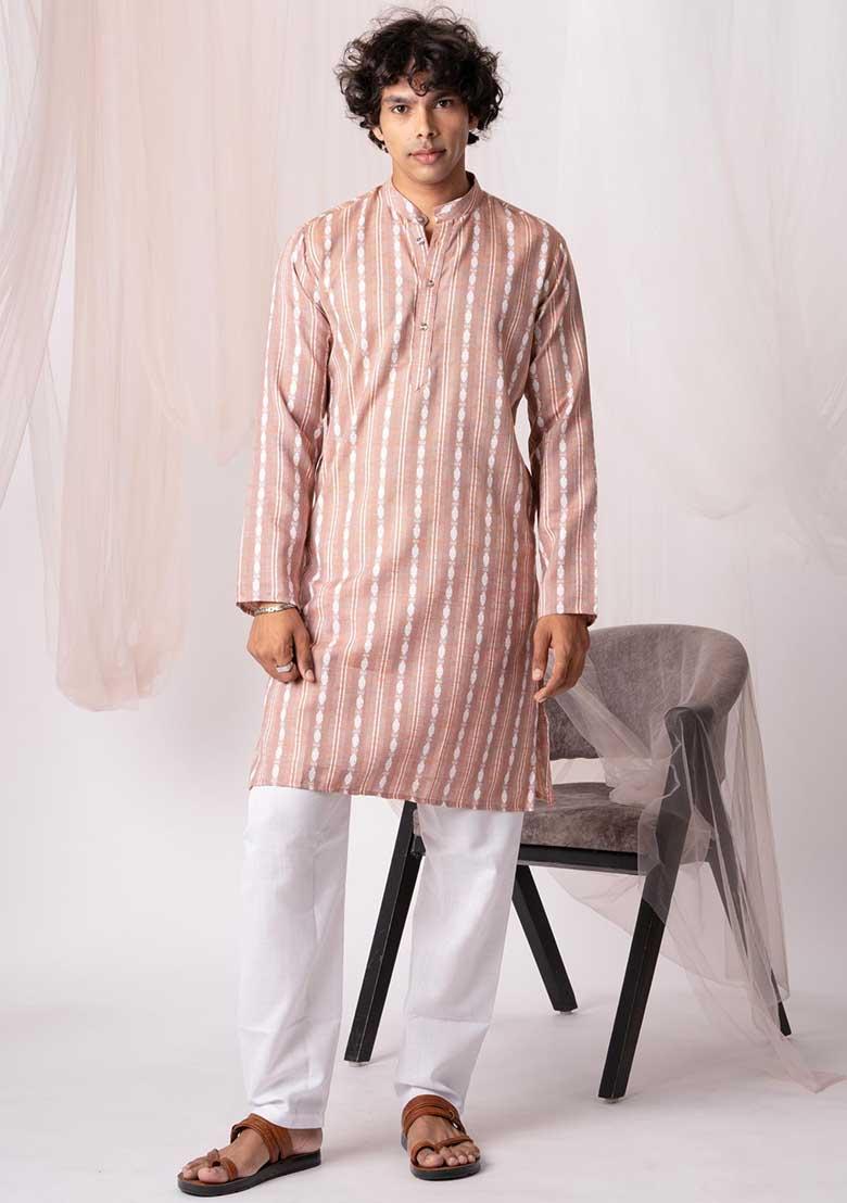 Pastel Pink Hand Embroidered Khadi Kurta Set For Men