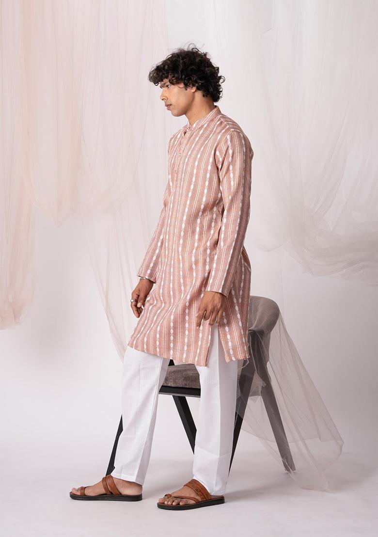 Pastel Pink Hand Embroidered Khadi Kurta Set For Men