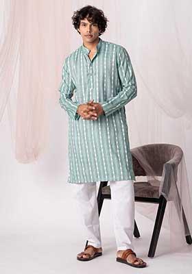 Emerald Hand Embroidered Khadi Kurta Set For Men