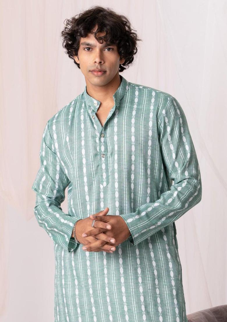Emerald Hand Embroidered Khadi Kurta Set For Men