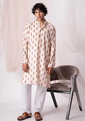 White Printed Viscose Kurta Set For Men