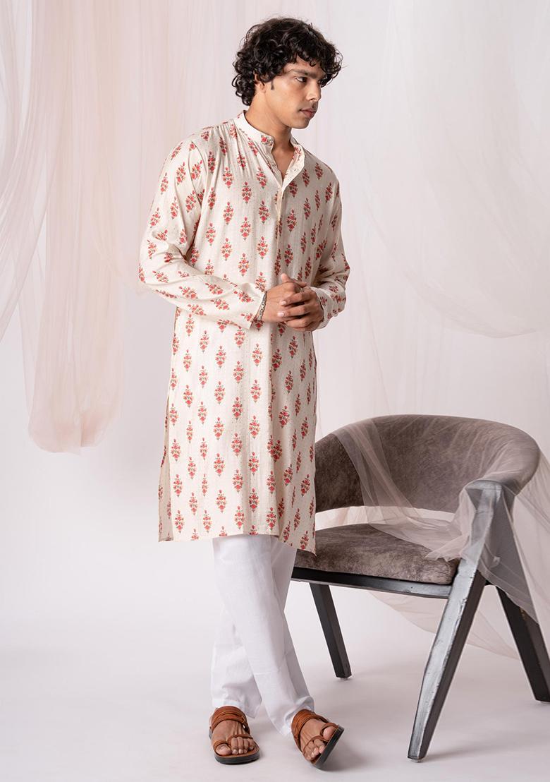 White Printed Viscose Kurta Set For Men