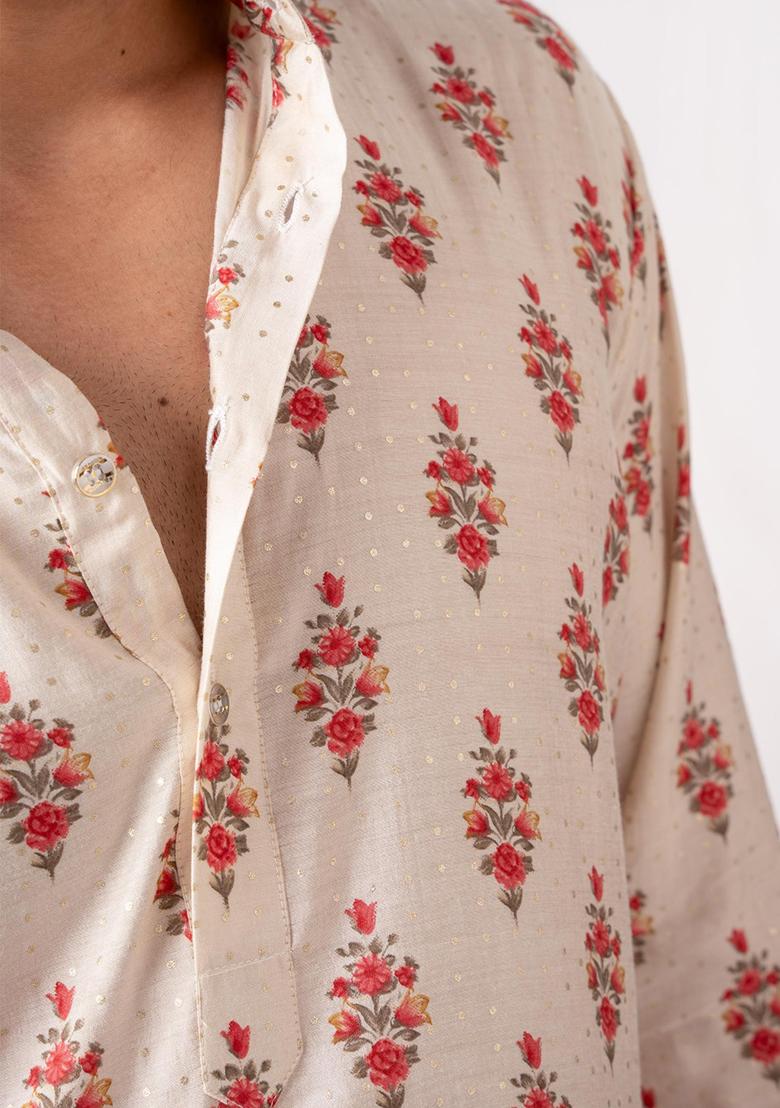 White Printed Viscose Kurta Set For Men