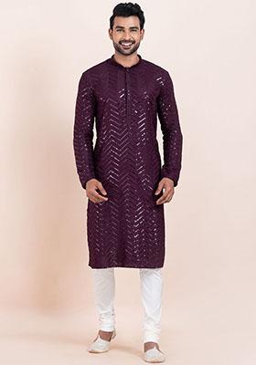 Purple Sequin Embroidered Viscose Kurta Set For Men