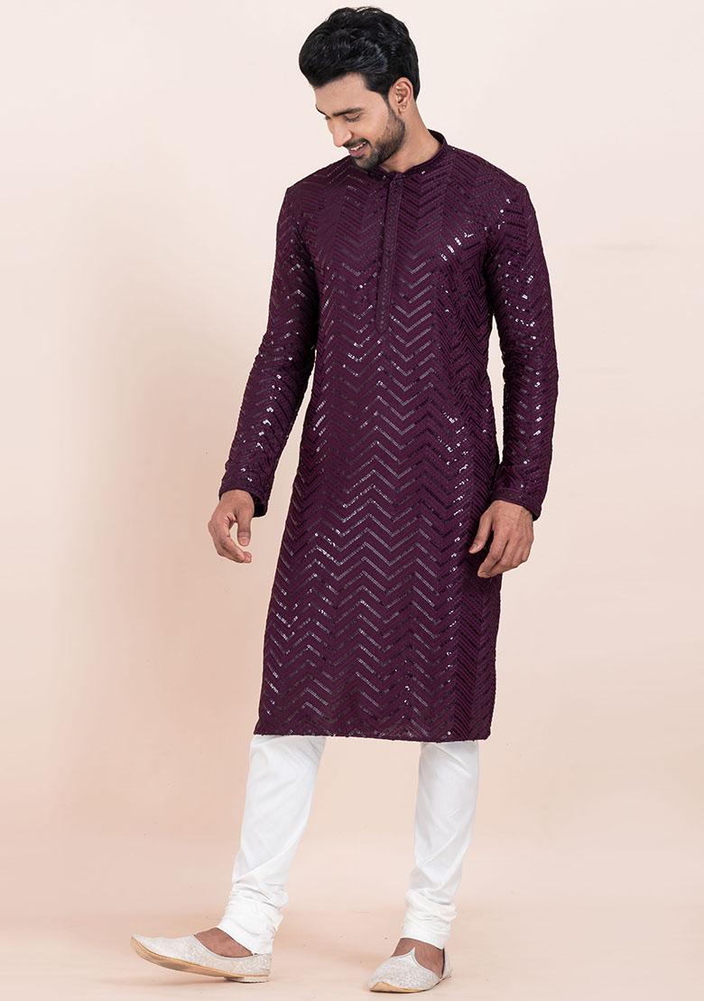 Purple Sequin Embroidered Viscose Kurta Set For Men