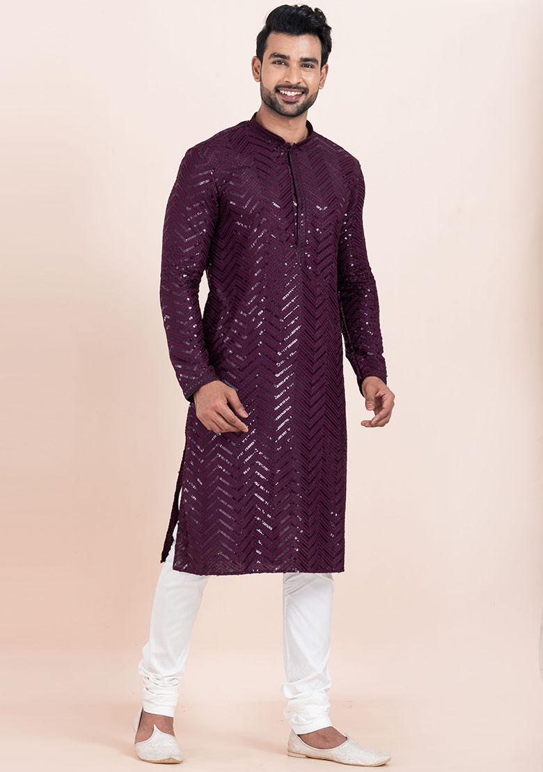 Purple Sequin Embroidered Viscose Kurta Set For Men