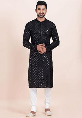 Black Sequin Embroidered Viscose Kurta Set For Men