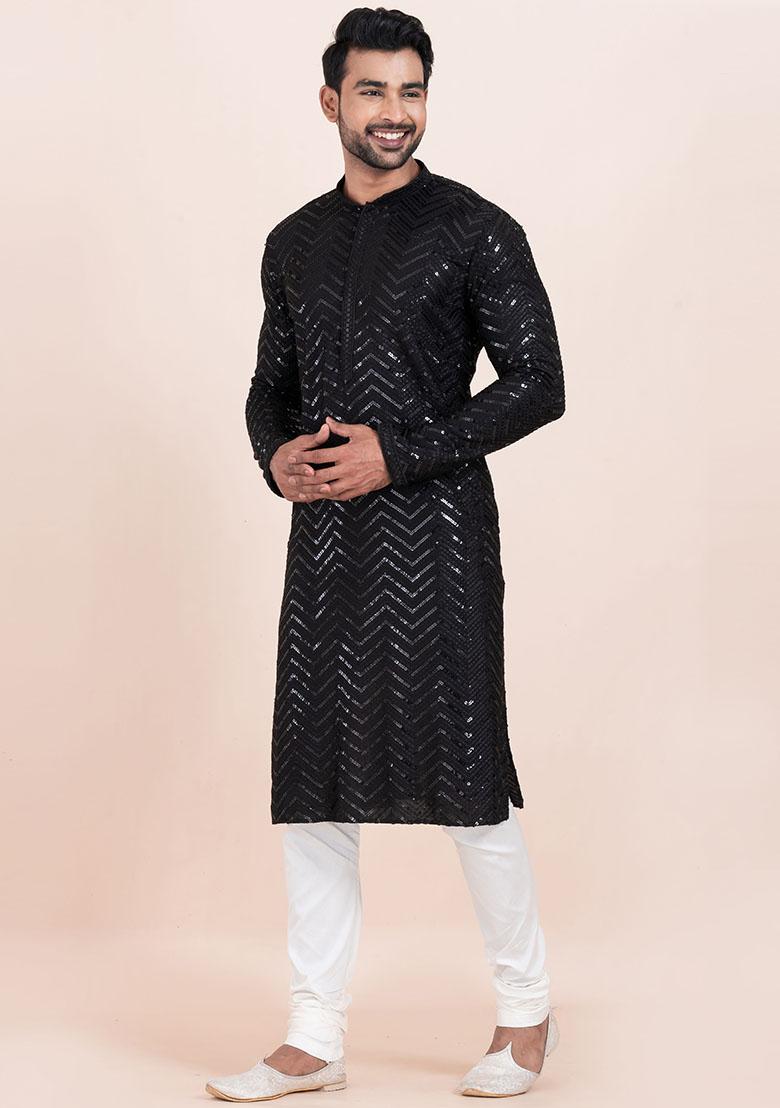 Black Sequin Embroidered Viscose Kurta Set For Men