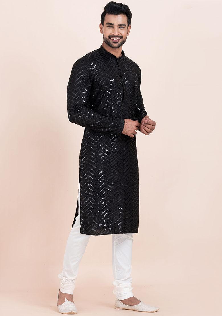 Black Sequin Embroidered Viscose Kurta Set For Men