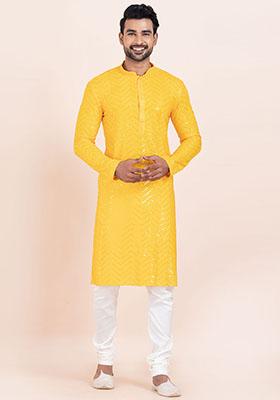 Yellow Sequin Embroidered Viscose Kurta Set For Men