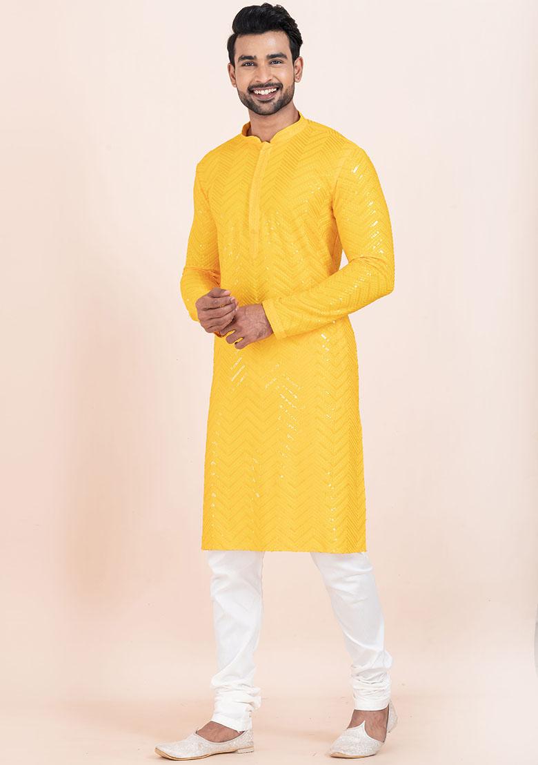 Yellow Sequin Embroidered Viscose Kurta Set For Men