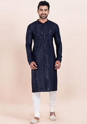 Navy Blue Sequin Embroidered Viscose Kurta Set For Men