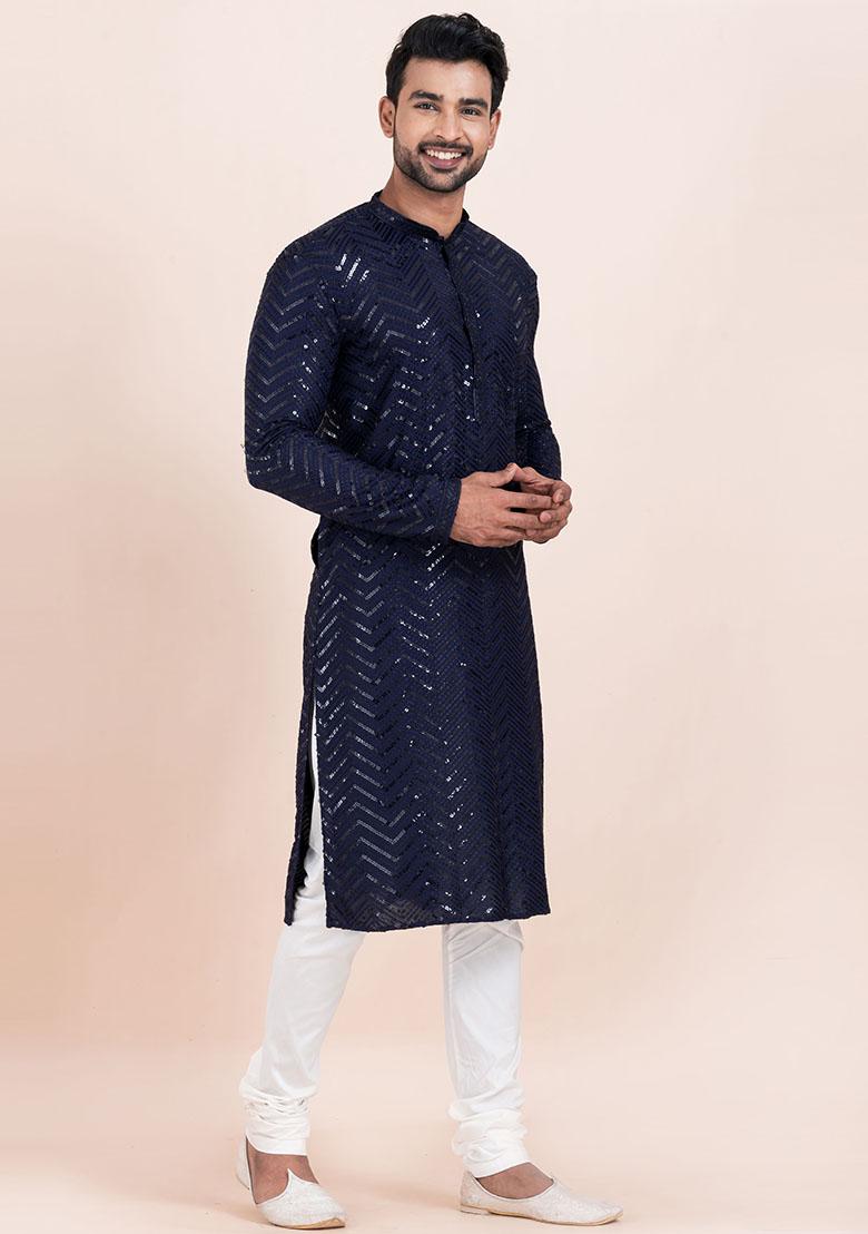 Navy Blue Sequin Embroidered Viscose Kurta Set For Men