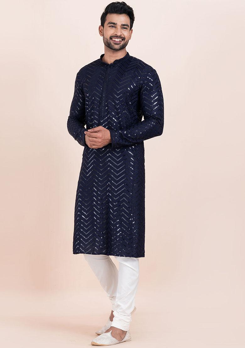 Navy Blue Sequin Embroidered Viscose Kurta Set For Men