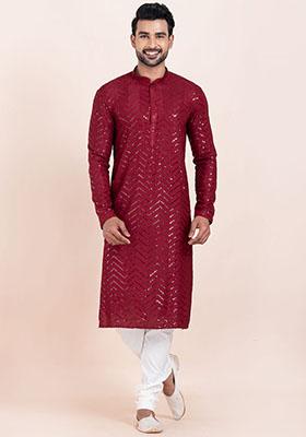 Maroon Sequin Embroidered Viscose Kurta Set For Men