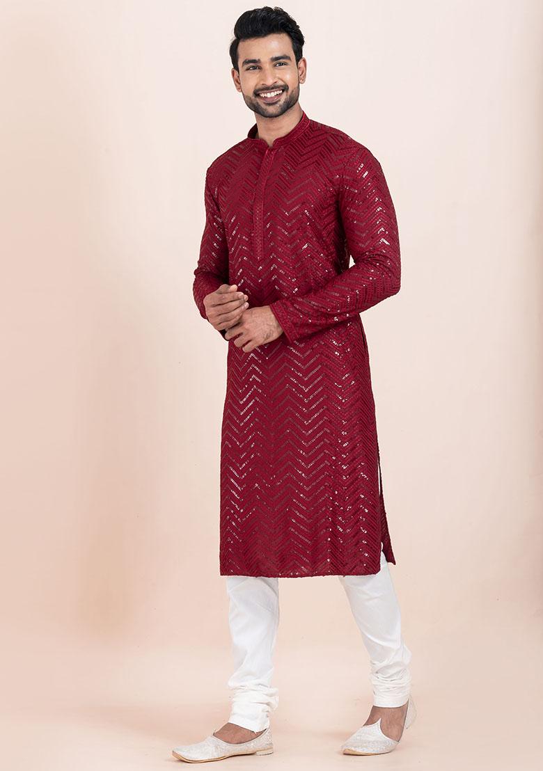 Maroon Sequin Embroidered Viscose Kurta Set For Men