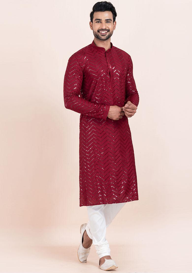 Maroon Sequin Embroidered Viscose Kurta Set For Men