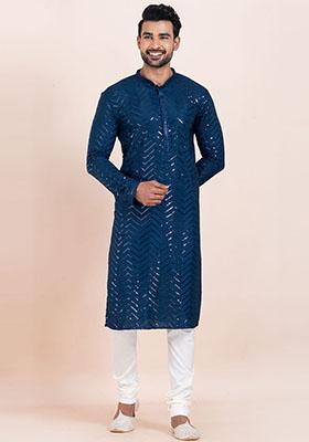 Blue Sequin Embroidered Viscose Kurta Set For Men